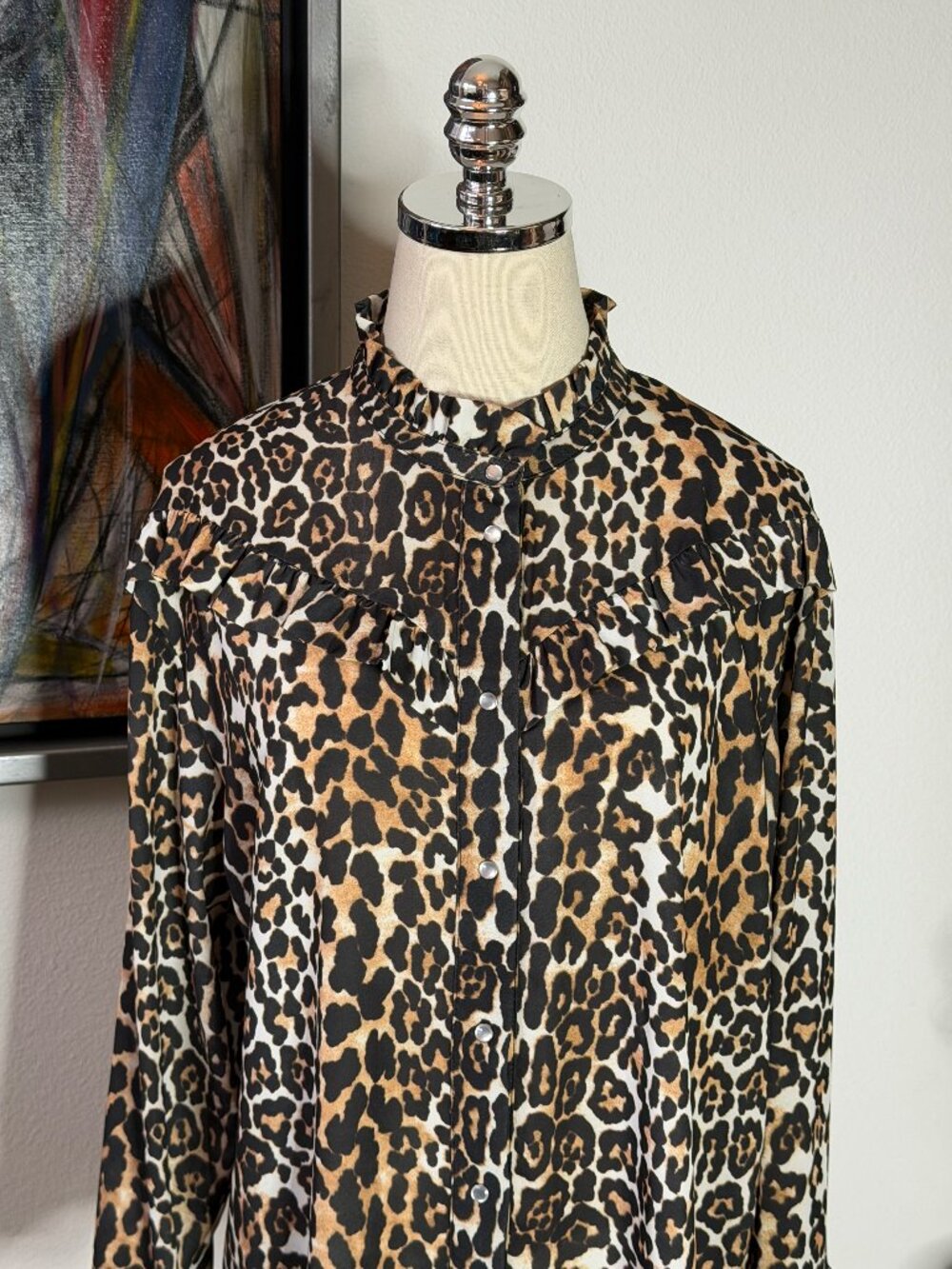 🐆✨ RIKA by Ulrika Lundgren Leopard Print Ruffle Blouse Oversized Medium Tunic
